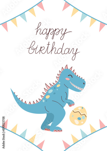 Cute Dinosaur Card. Happy Birthday Card. Postcards and posters for children. Vector illustration.