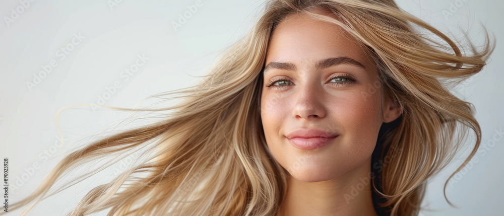 Fototapeta premium smiling face of beautiful blonde caucasian beauty woman model with long golden flowing hair in hair care product advertising style isolated white background