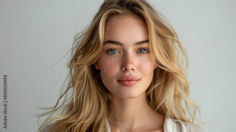 smiling face of beautiful blonde caucasian beauty woman model with long golden flowing hair in hair care product advertising style isolated white background smiling face of beautiful blonde caucasian beauty woman model with long golden flowing hair in hair care product advertising style isolated white background