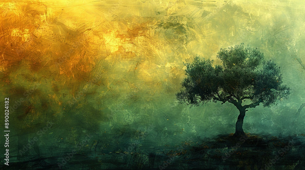 A painting captures a lone tree amidst a dense forest against a vibrant yellow-green sky A painting captures a lone tree amidst a dense forest against a vibrant yellow-green sky