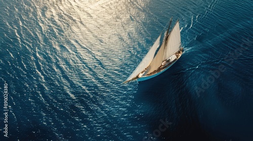 Aerial drone ultra wide panoramic photo with copy space of beautiful sail boat with white sails cruising deep blue sea near Mediterranean destination port