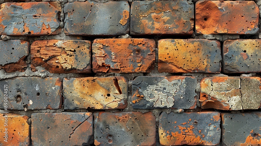 A close-up of a weathered brick wall adorned with rusted, chipped metal pieces A close-up of a weathered brick wall adorned with rusted, chipped metal pieces