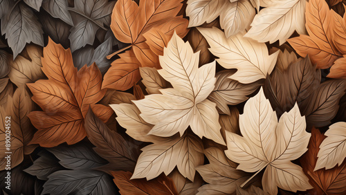 Illustration von Herbstblättern in verschiedenes Braun, warmen Orange und hellen Beige Farben, nahtlos angeordnet in der Draufsicht, Herbstlicher Hintergrund