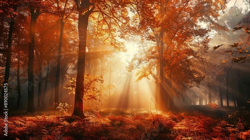 Beautiful morning in the misty autumn forest with sun rays © Levan
