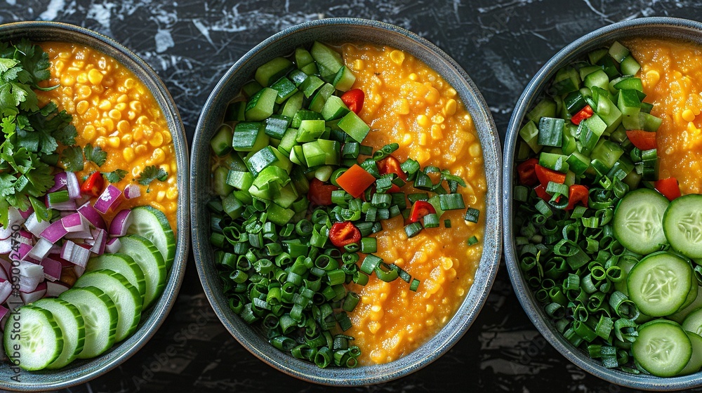 Three bowls with diverse vegetables sit beside each other on a marble countertop Three bowls with diverse vegetables sit beside each other on a marble countertop