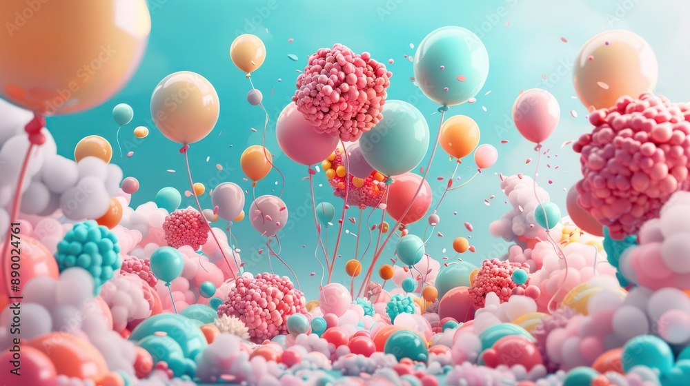 Fototapeta premium Whimsical Balloon Forest Wonderland - Vibrant and Shiny Nature Balloon Art Scene with Space for Text, generative Ai