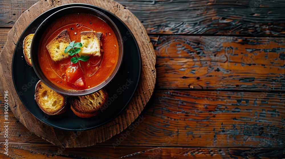 Tasty red tomato cream soup with crouton toasts on black fashionable plate on wooden table in cafe Vegan vegetarian diet nutrition and modern service Homemade cuisine Top view Copy space Tasty red tomato cream soup with crouton toasts on black fashionable plate on wooden table in cafe Vegan vegetarian diet nutrition and modern service Homemade cuisine Top view Copy space