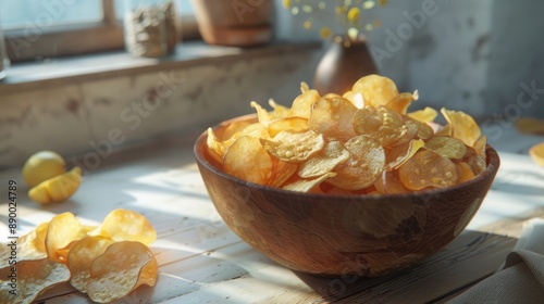 A view of a bowl of potato chips photo