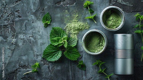 Studio shot photo of an inhaler next to stinging nettle and green nettle powder in a bowl photo