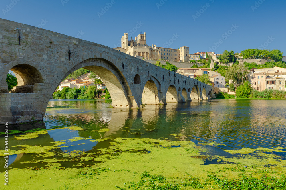 Naklejka premium Pont Vieux- A bridge spans a river with a castle in the background