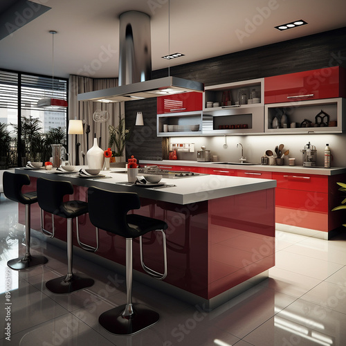 modern kitchen interiors featuring sleek designs, contemporary furniture, stylish cabinetry, and advanced appliances, showcasing a variety of colors and materials to create a functional and aesthetica photo