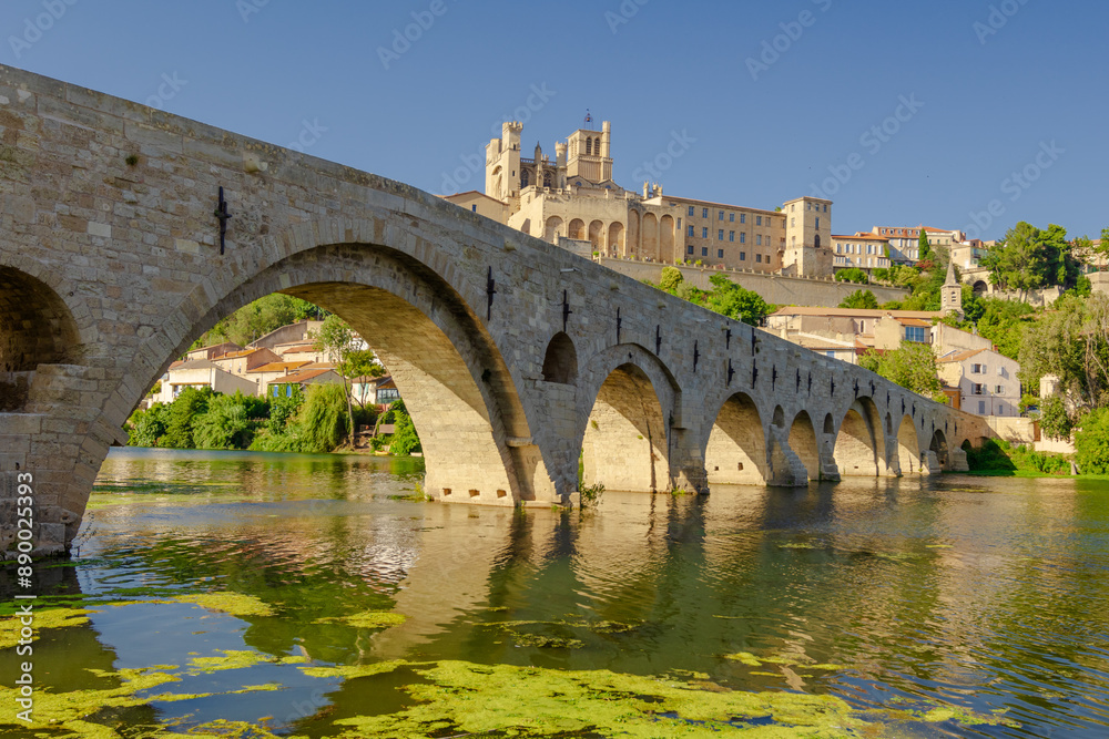 Pont Vieux- A bridge spans a river with a castle in the background