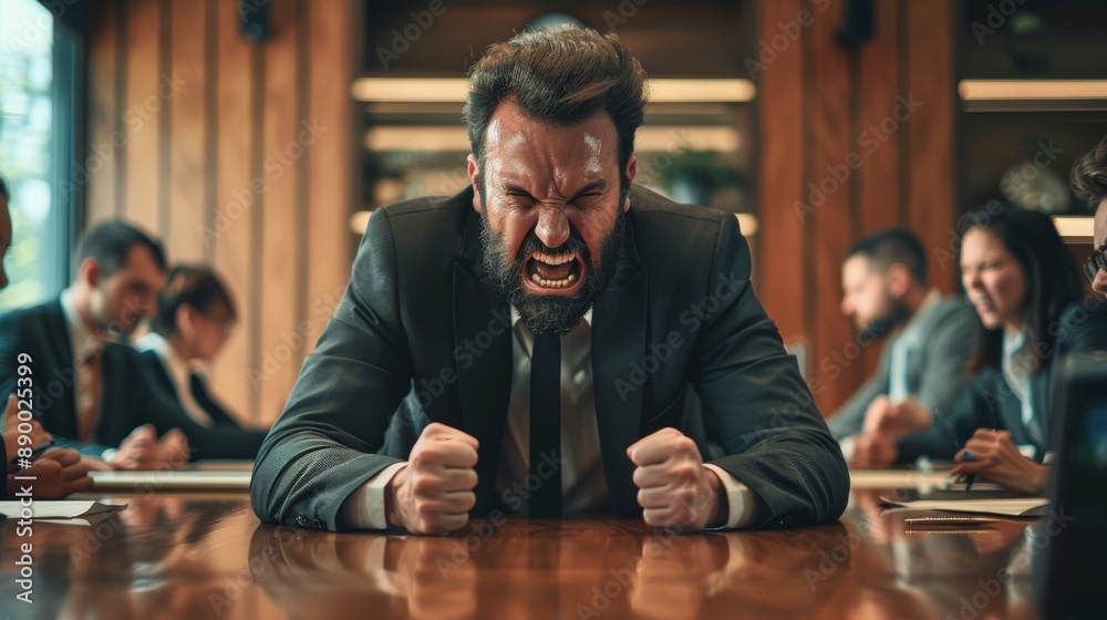 Business man angry action in meeting room with employees on background.