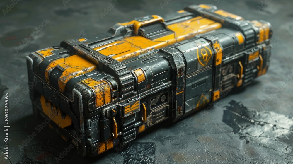 Sci-fi simplistic brutalistic military hover crate, black and yellow color scheme Sci-fi simplistic brutalistic military hover crate, black and yellow color scheme