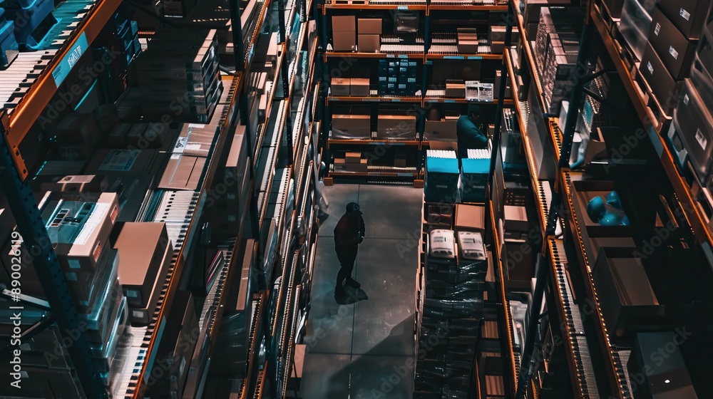 Aerial view of a large, dimly lit warehouse filled with shelves of boxed inventory. A worker in dark clothing is visible in the aisle, emphasizing the scale and organized storage within the facility. Aerial view of a large, dimly lit warehouse filled with shelves of boxed inventory. A worker in dark clothing is visible in the aisle, emphasizing the scale and organized storage within the facility.