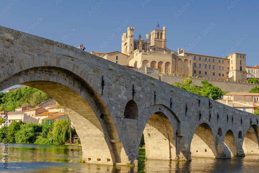 Pont Vieux- A bridge spans a river with a castle in the background Pont Vieux- A bridge spans a river with a castle in the background