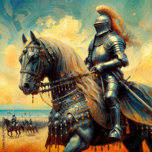 A medieval knight in full armor riding a horse.
Un caballero medieval con armadura completa montando un caballo.