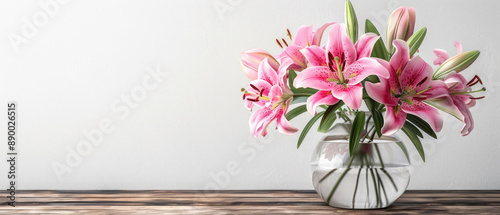 A bouquet of blooming Lily flowers in a vase on a table isolated on minimalist clean white background