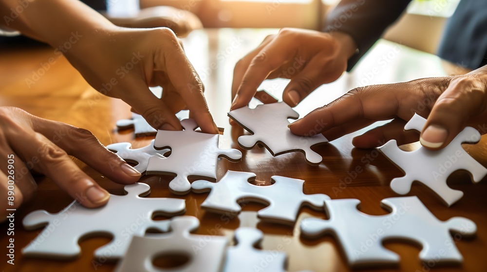 Teamwork and Collaboration: Hands Connecting Puzzle Pieces Teamwork and Collaboration: Hands Connecting Puzzle Pieces