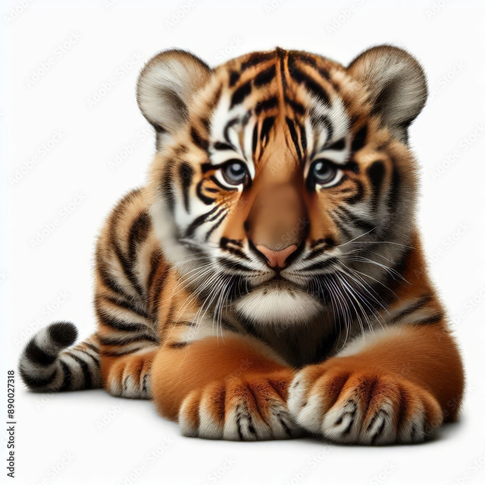 Fototapeta premium Beautiful tiger cub on a white background 