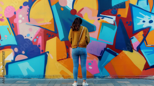 Fashion Forward A woman wearing trendy, brightly colored clothing, standing against a strikingly colorful mural or graffiti walf photo