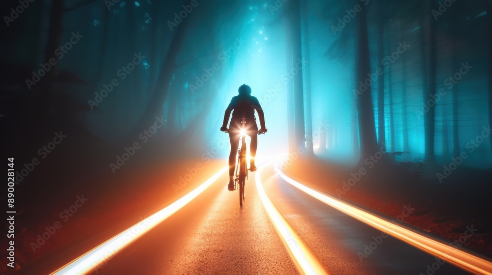 A captivating photograph of a lone cyclist with a headlamp creating a bright light trail through a dark forest. A captivating photograph of a lone cyclist with a headlamp creating a bright light trail through a dark forest.