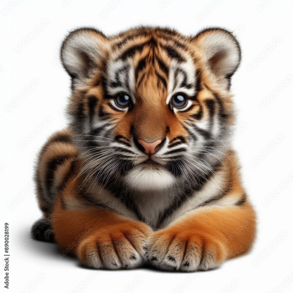 Fototapeta premium Beautiful tiger cub on a white background 