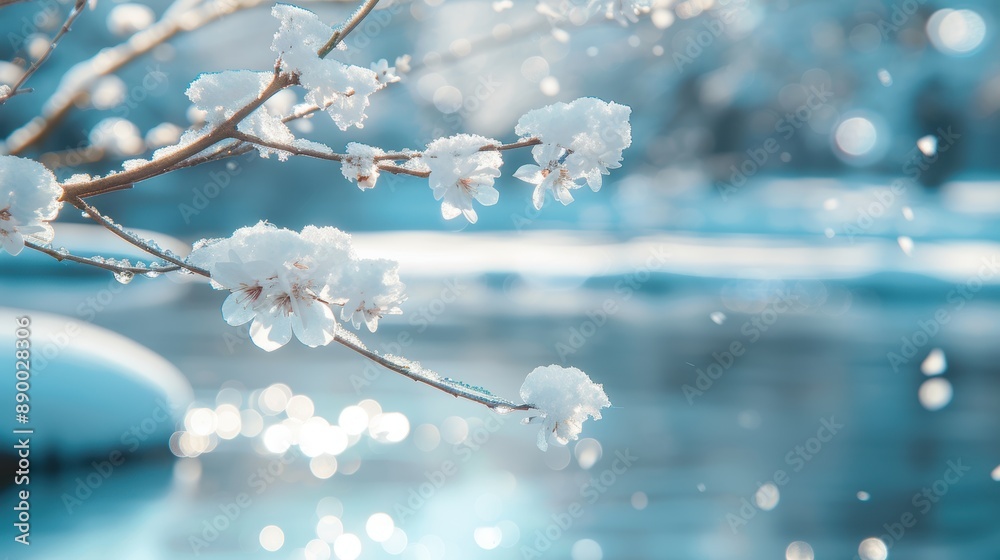 A frozen stream covered in a blanket of snow, with icy branches reaching towards the sky. A frozen stream covered in a blanket of snow, with icy branches reaching towards the sky.