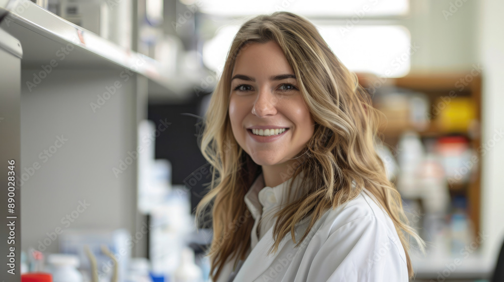 Obraz premium Professional female pharmacist wearing white shirt sitting and smiling looking forward while working on computer and pharmacy medicine shelf background