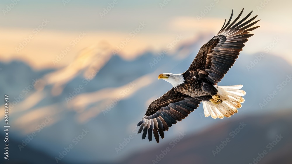 Fototapeta premium A majestic bald eagle soaring high above a mountain range, with snow capped peaks in the background.