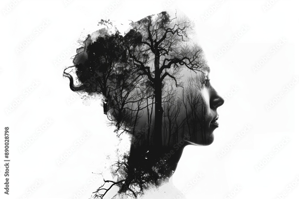 Fototapeta premium A haunting double exposure blends a profile with a dark, misty forest. Bare trees intertwine with the silhouette, creating a surreal image.