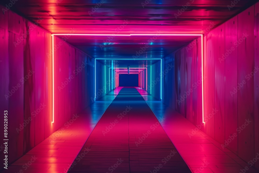 Futuristic neon tunnel. Pink and blue lights create a sci-fi vibe. Feels like stepping into a cyberpunk world or VR game. Futuristic neon tunnel. Pink and blue lights create a sci-fi vibe. Feels like stepping into a cyberpunk world or VR game.