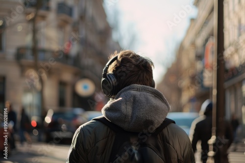 A person with headphones walks down a city street, lost in their own world of music amidst the urban bustle.