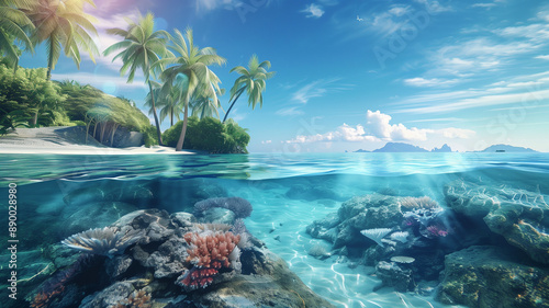 A breathtaking tropical paradise featuring crystal clear blue water, lush palm trees, and a serene beach under a bright, sunny sky..