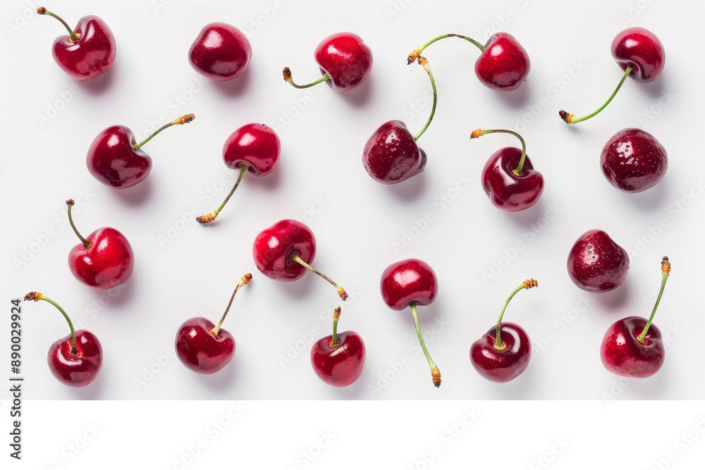 Multiple cherries arranged in different positions and angles, all isolated on a clean white background, highlighting their rich red color Multiple cherries arranged in different positions and angles, all isolated on a clean white background, highlighting their rich red color