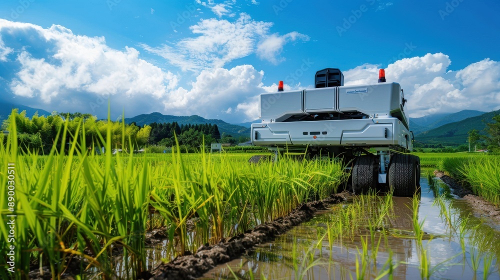 Autonomous Farming: A white robotic vehicle traverses a lush green ...