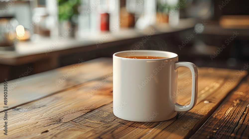 white plain mug with hot tea standing on wooden table with minimalist kitchen background and green plants white plain mug with hot tea standing on wooden table with minimalist kitchen background and green plants