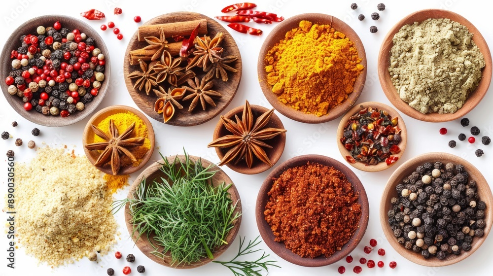 Set spices pile, ginger, ground sumac, red paprika powder, cinnamon, turmeric, chili pepper flakes, milled nutmeg, chopped dry dill, minced black pepper isolated on white, top view Set spices pile, ginger, ground sumac, red paprika powder, cinnamon, turmeric, chili pepper flakes, milled nutmeg, chopped dry dill, minced black pepper isolated on white, top view