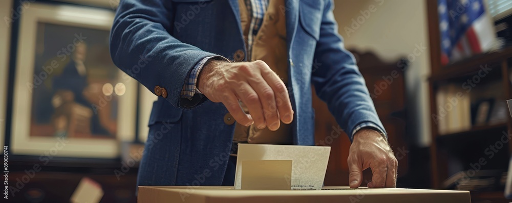 Obraz premium A close-up of a ballot being placed into a box with the American flag in the background during the presidential election.
