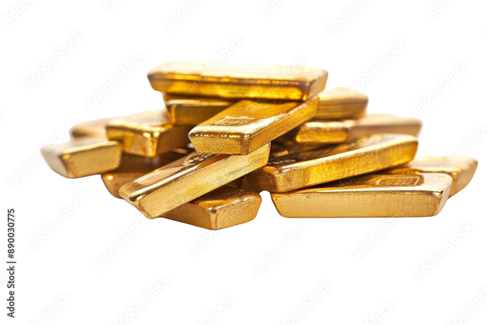 Stack of shiny gold bars, isolated on a white background, showcasing their polished surfaces and engraved details Stack of shiny gold bars, isolated on a white background, showcasing their polished surfaces and engraved details