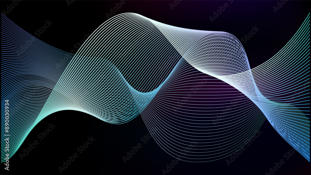 Abstract s pattern aurora in dark cosmos. Soundwave frequency spectrum gradation. Line electric connect of network or siri voice fractal fade. Digital ai beat flow wave