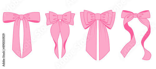 Ribbon bow for hair. Cute pink vector tie with knot for gift. Girly flat accessories illustrations set for birthday holiday. Cartoon fashion elements for decoration. Romantic vintage collection