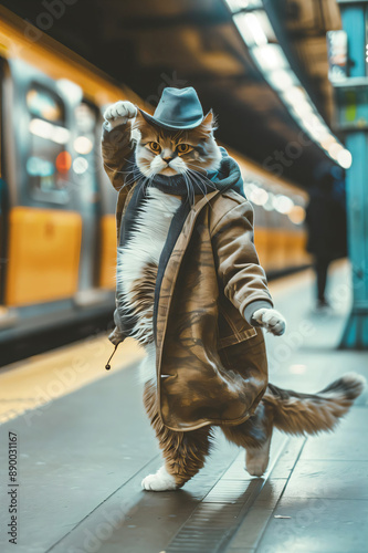 illustration of a cat dancing, dressed in a brown suit, wearing a scarf around its neck and a cowboy hat, set in a lively atmosphere at a train stop
