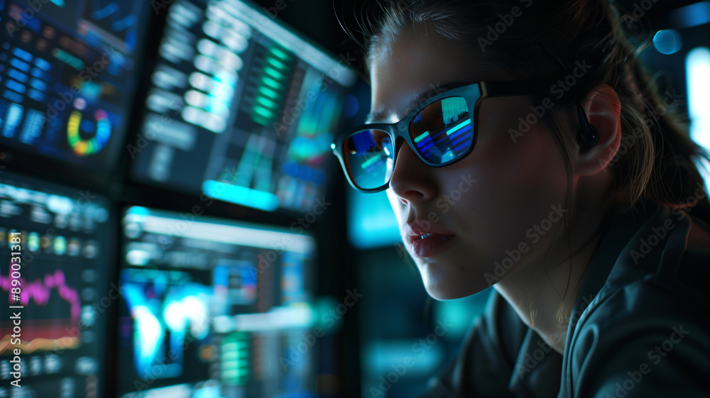 A focused woman with glasses closely analyzes data displayed on multiple screens, reflecting a deep engagement with technology and analytics. A focused woman with glasses closely analyzes data displayed on multiple screens, reflecting a deep engagement with technology and analytics.