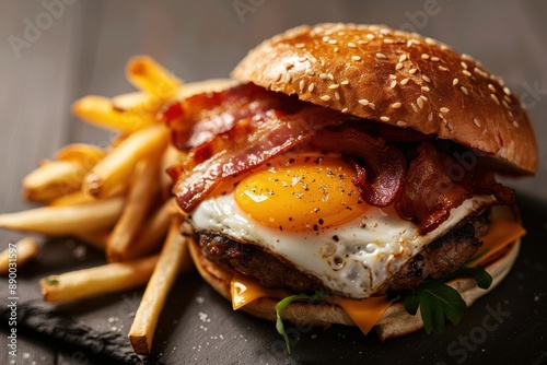 Burger with a sunny-side-up egg bacon and cheese served photo