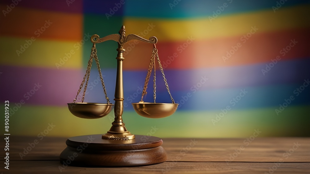 Scale of Justice on wooden table with rainbow flag on background. Scale of Justice on wooden table with rainbow flag on background.