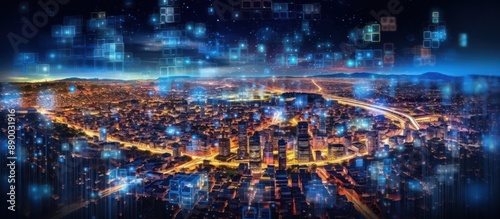 Wallpaper Mural Cityscape at Night with Digital Overlay Torontodigital.ca