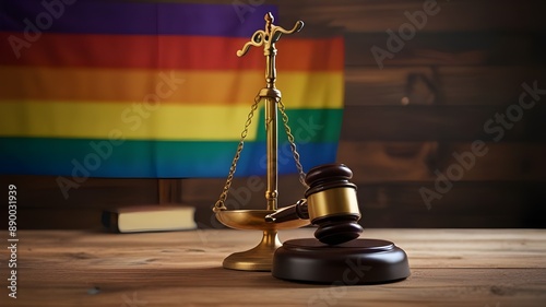 Scale of Justice on wooden table with rainbow flag on background. LGBT pride gay lesbian gender equality movement symbol
