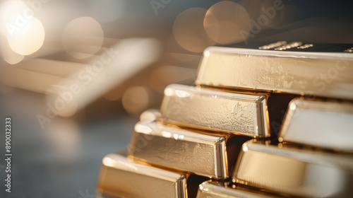 A stack of gold bars in a vault, reflecting light.