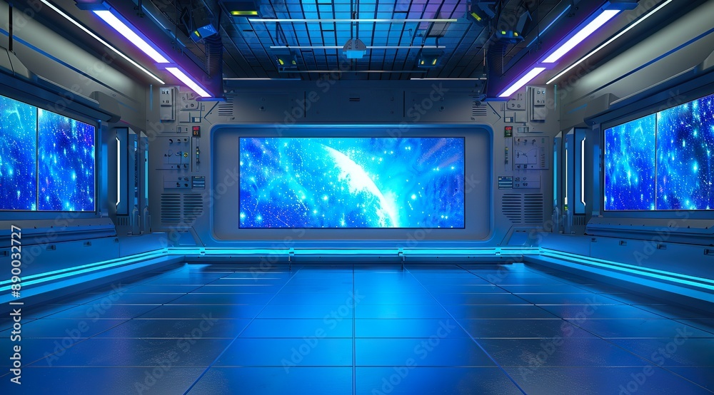 Obraz premium 3D rendering of a virtual TV studio news set with a blue and white color theme